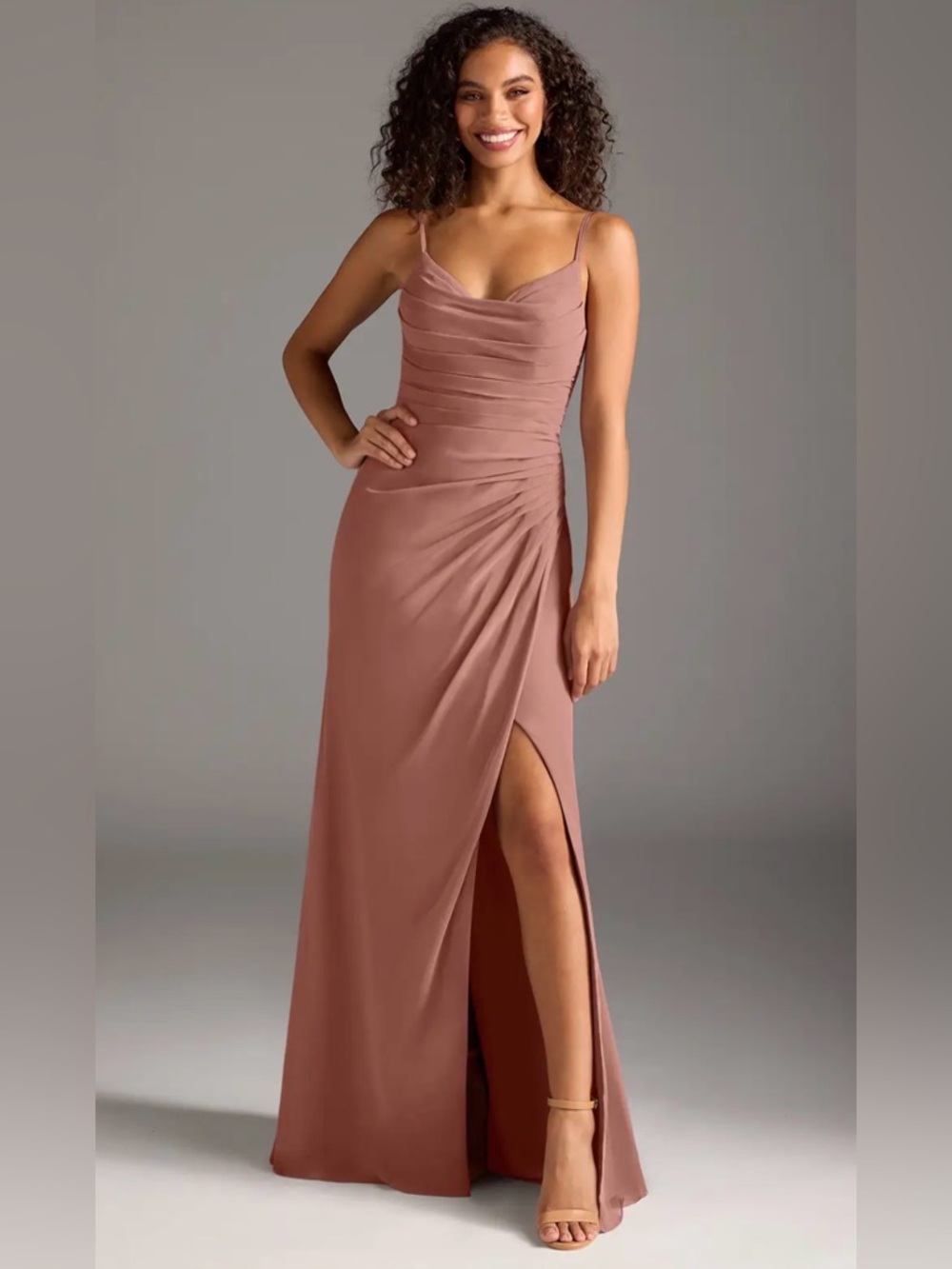 Azazie Deandra Ruched Side-Slit Evening Gown in Cedar Rose